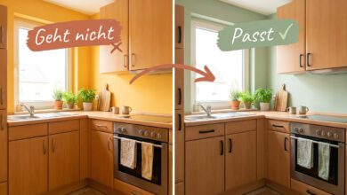 Welche Farbe passt zu Buche Küche 6 Buche Küche Vorher-Nachher-Vergleich — links gelbe Wandfarbe die mit dem Holz verschmilzt, rechts Salbeigrün mit mattschwarzen Griffen als moderne Alternative